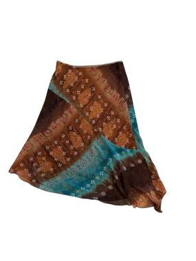 Vintage Y2K Made in USA Wrapper Brown and Teal Asymmetrical Floral Skirt Size M